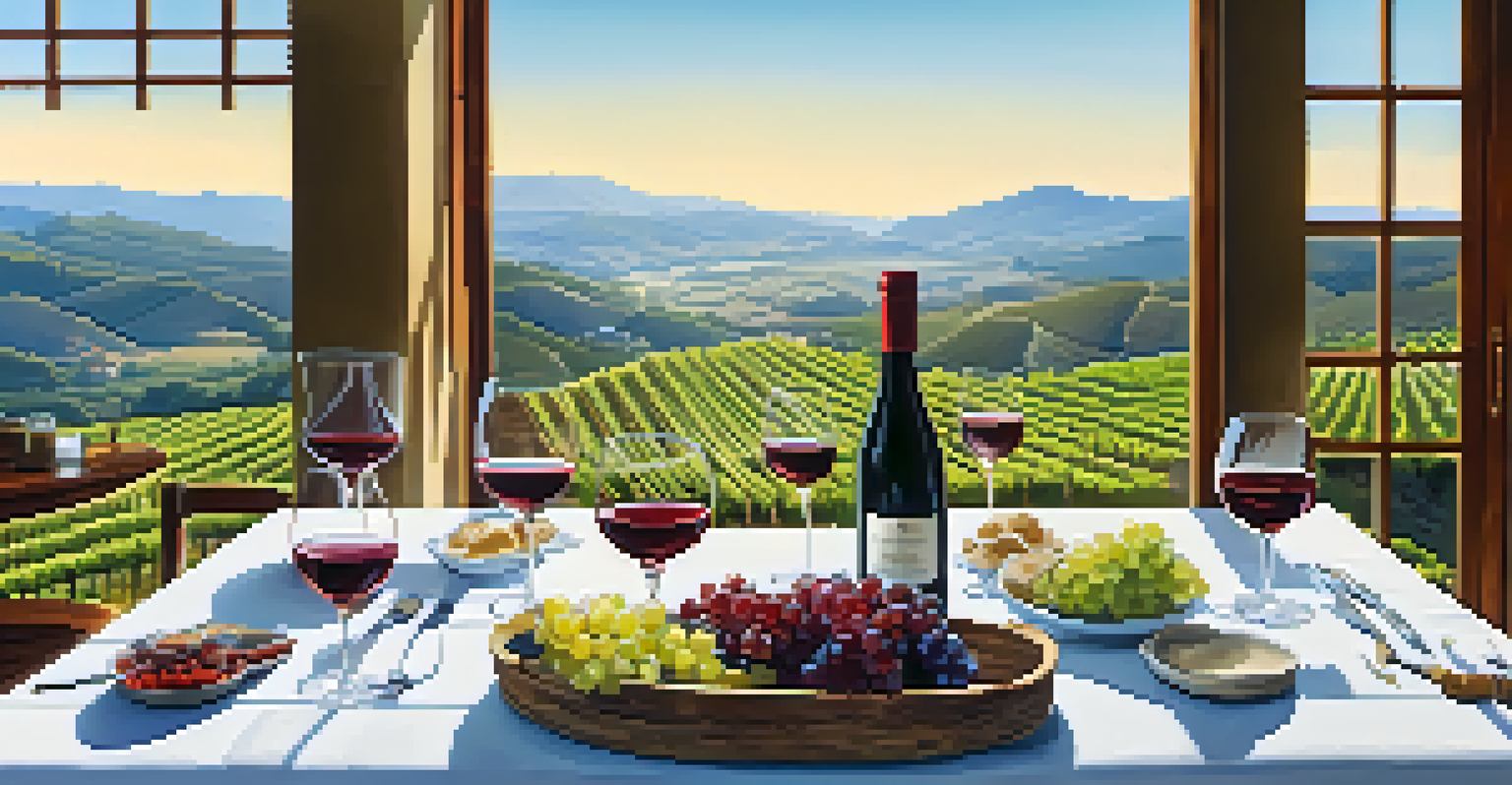 A wine tasting setup with various glasses of red and white wines on a wooden table, overlooking the beautiful Vale dos Vinhedos with vineyards and mountains.