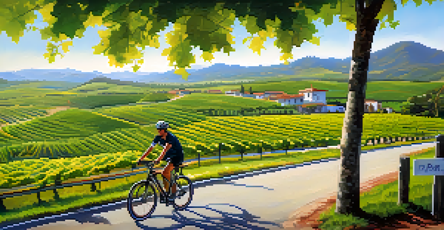 A bike path in a Brazilian wine region with cyclists and vineyards in the background.