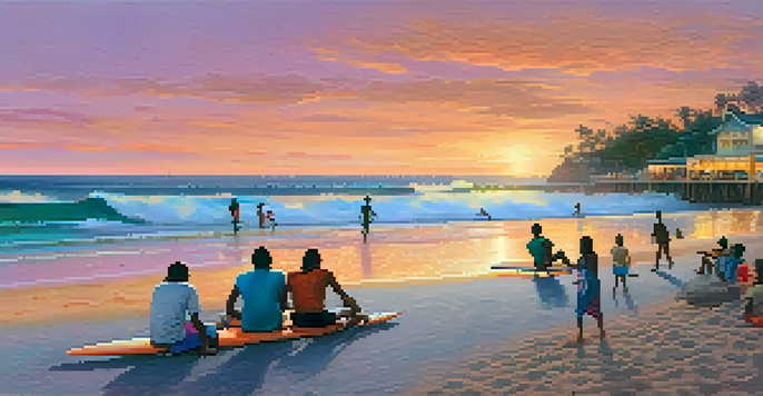 A peaceful beach at sunset with beginner surfers and colorful eateries in the background.