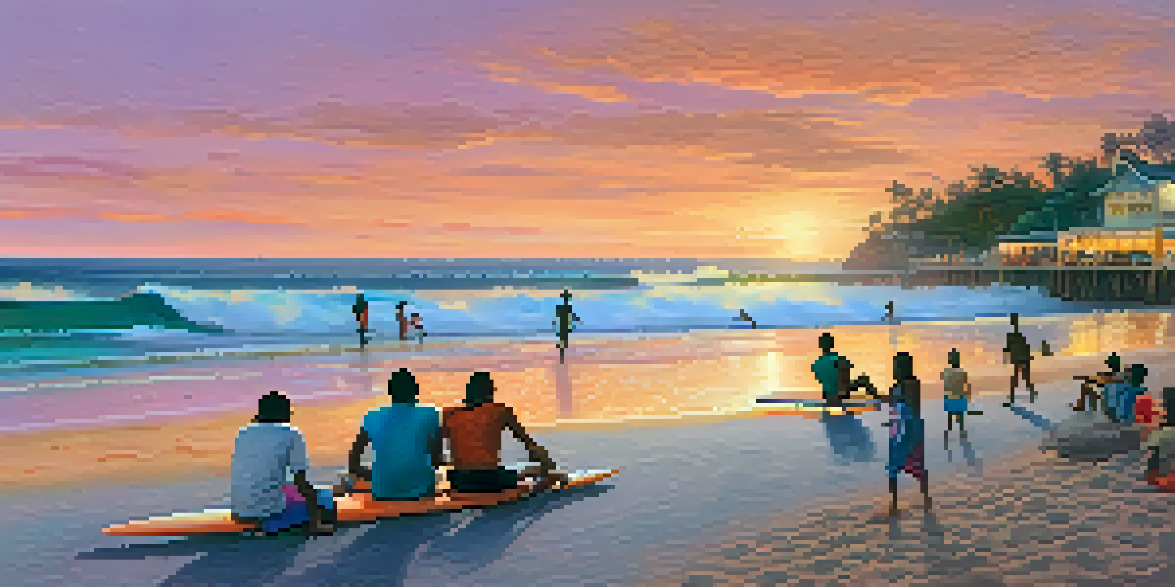 A peaceful beach at sunset with beginner surfers and colorful eateries in the background.