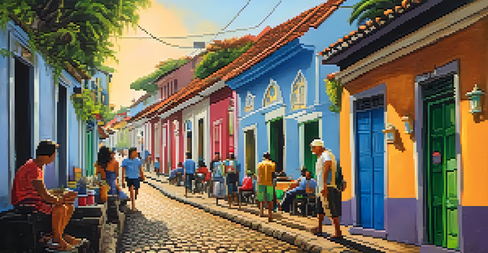 A colorful street scene in Olinda, Brazil, filled with street art, vendors, and people walking.