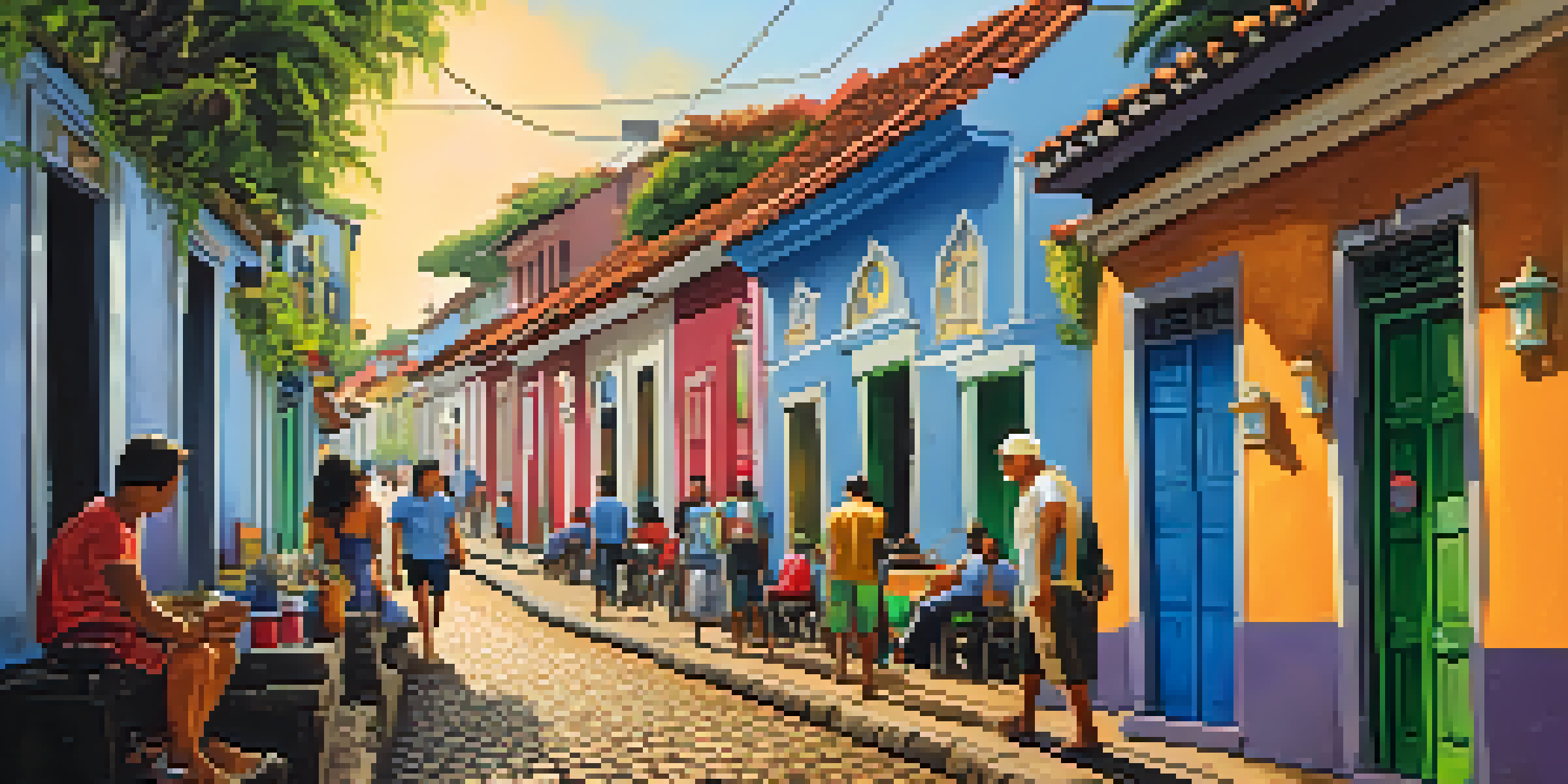 A colorful street scene in Olinda, Brazil, filled with street art, vendors, and people walking.