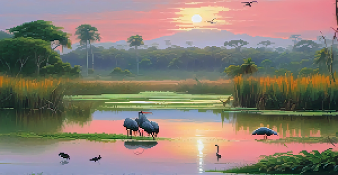 A tranquil sunrise over the Pantanal Wetlands, with capybaras resting by the water and a jabiru stork in the background.