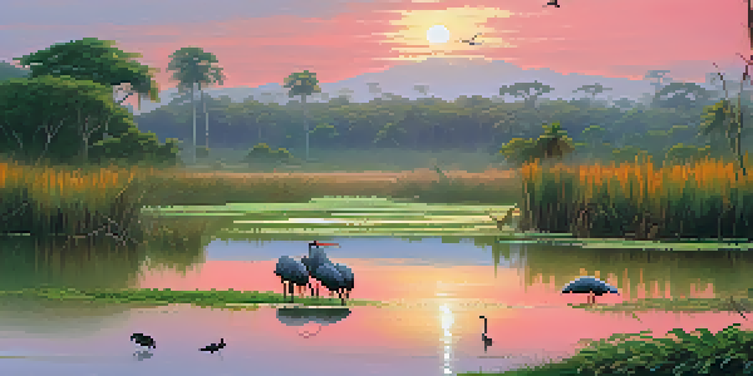 A tranquil sunrise over the Pantanal Wetlands, with capybaras resting by the water and a jabiru stork in the background.