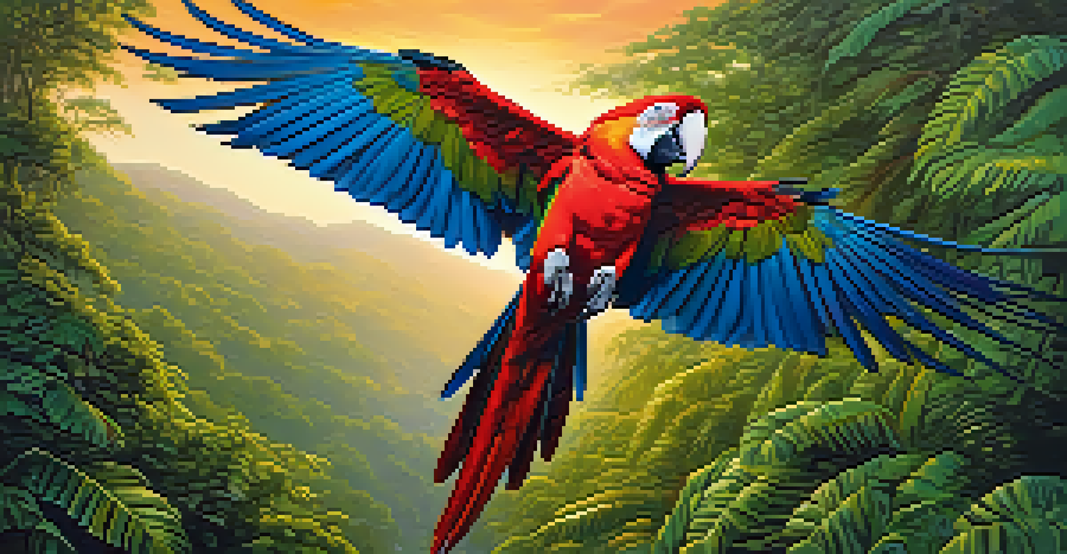 A colorful macaw flying over the treetops during sunset, with a lush green forest below.