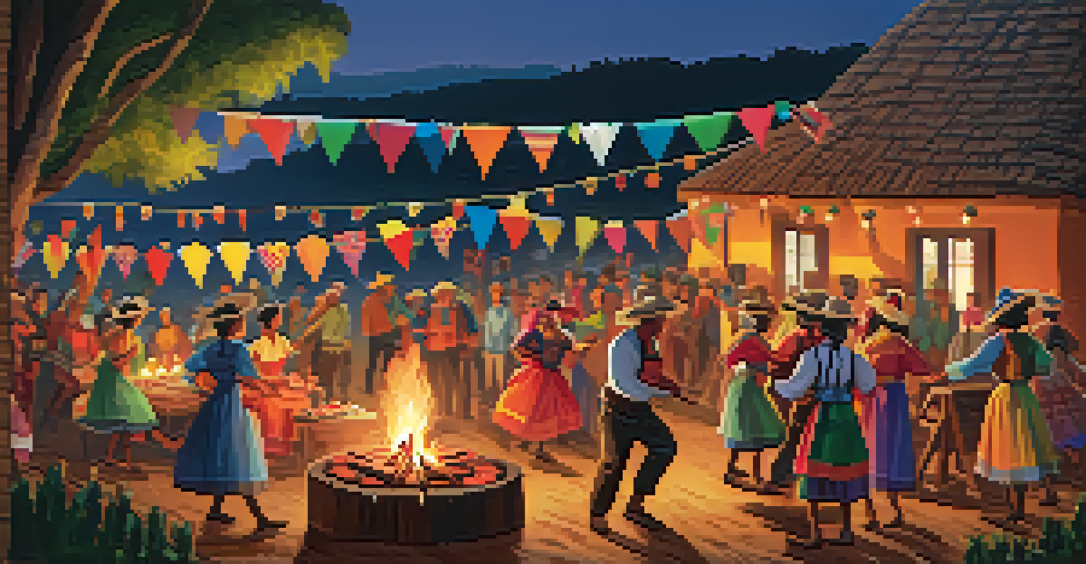 A charming Festa Junina celebration with people in traditional costumes dancing around a bonfire, surrounded by colorful decorations and rustic foods.