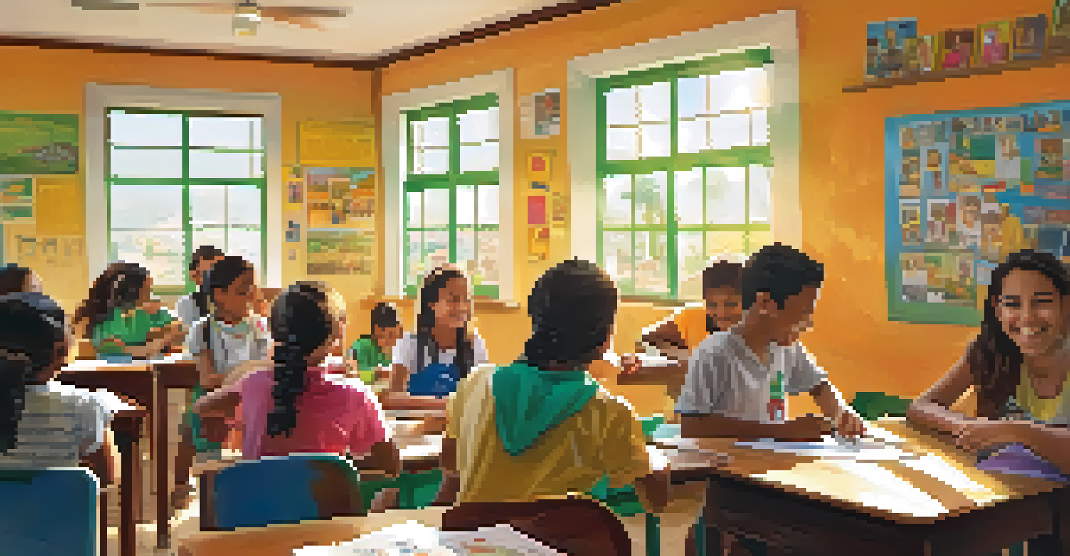 A vibrant classroom in Brazil with a volunteer teaching English to excited students, surrounded by colorful posters and sunlight streaming in.