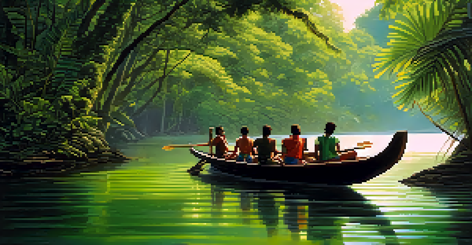Rafters resting on their boat in a calm river surrounded by dense Amazon rainforest, with sunlight streaming through the trees and vibrant greenery.