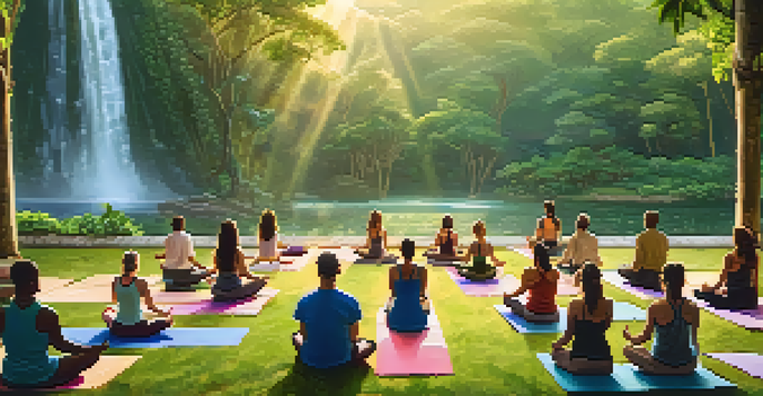 A peaceful yoga session in a lush green environment with a waterfall, participants in various yoga poses under soft sunlight.