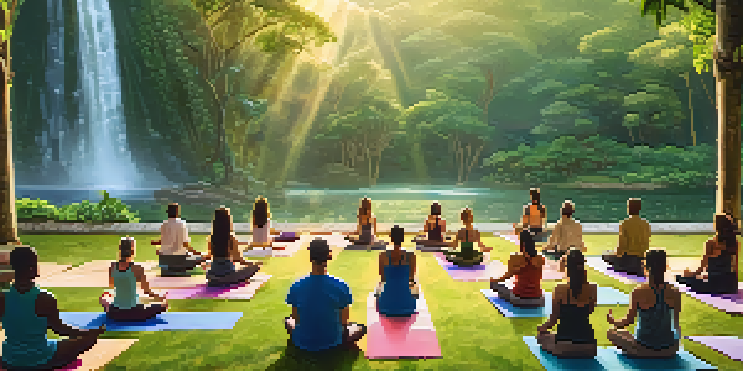A peaceful yoga session in a lush green environment with a waterfall, participants in various yoga poses under soft sunlight.