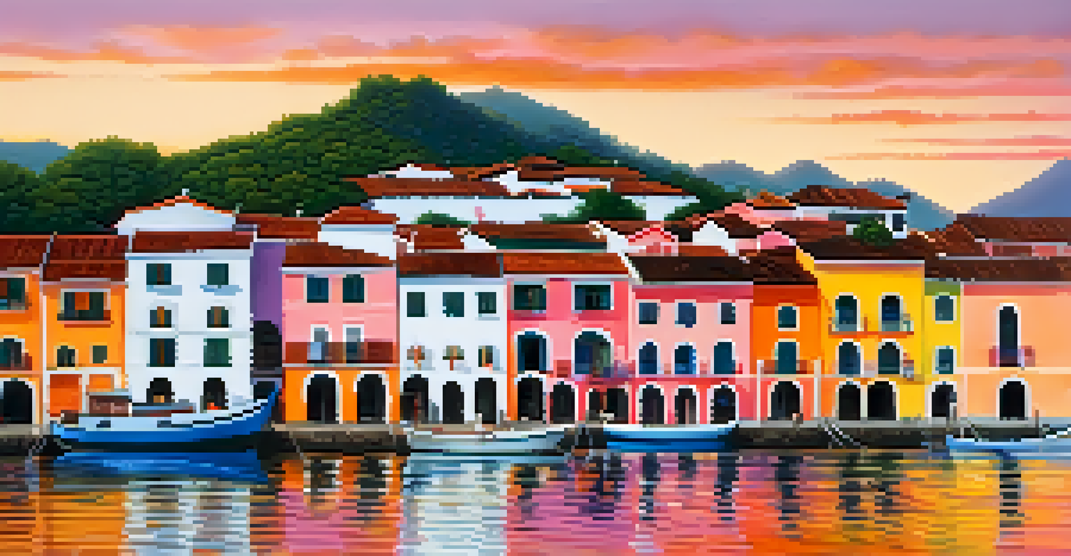 A sunset view of the waterfront in Paraty, Brazil, with whitewashed colonial buildings reflecting in the water and a colorful sky.