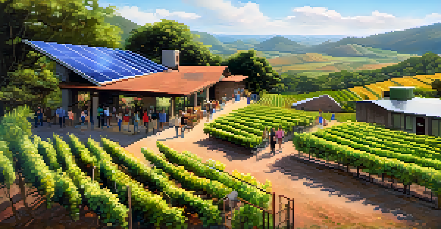 Visitors touring an eco-friendly winery in Brazil, with solar panels and a garden of native plants.