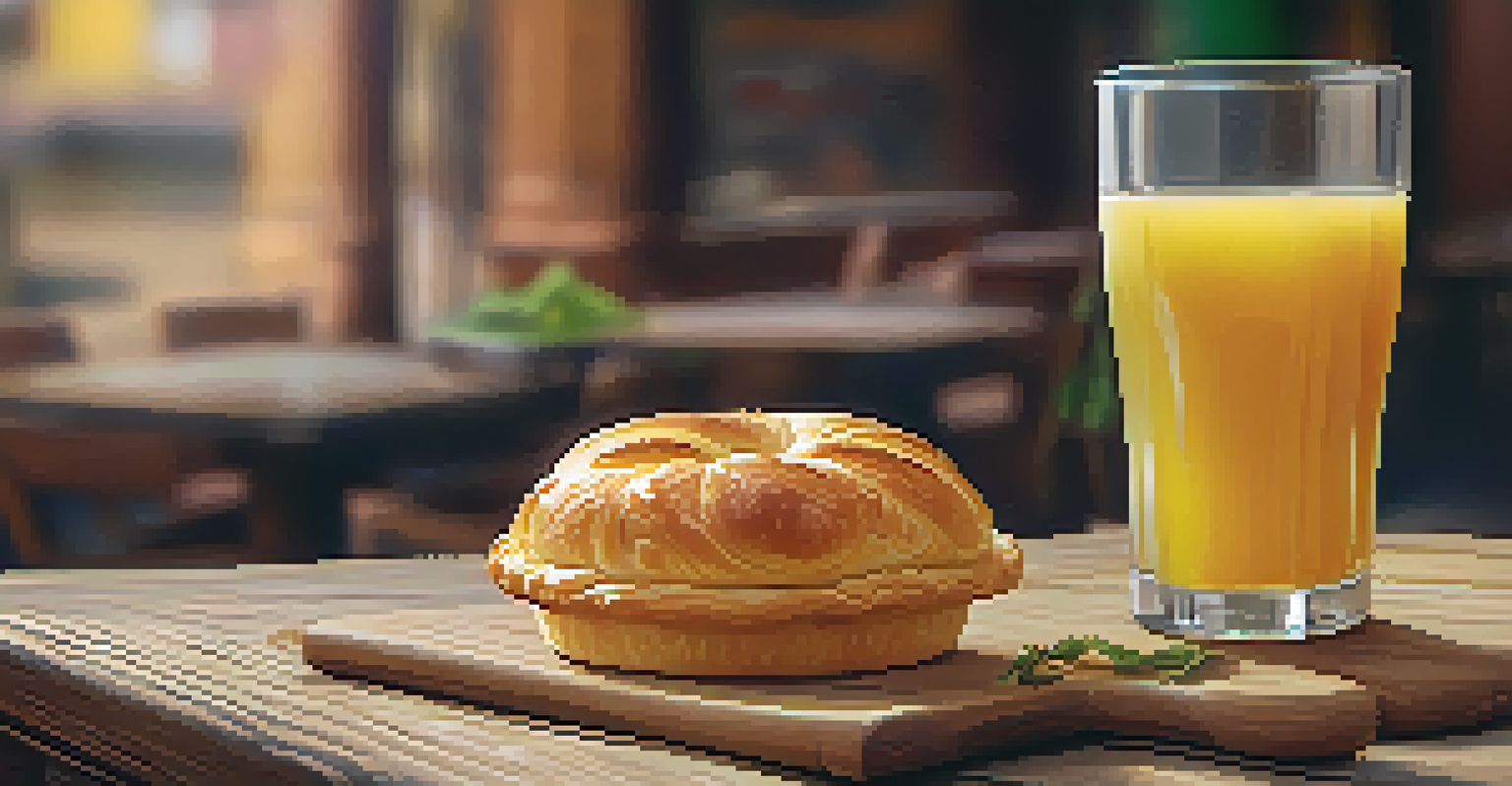 A close-up of a crispy pastel filled with cheese and meat, accompanied by a glass of sugar cane juice.