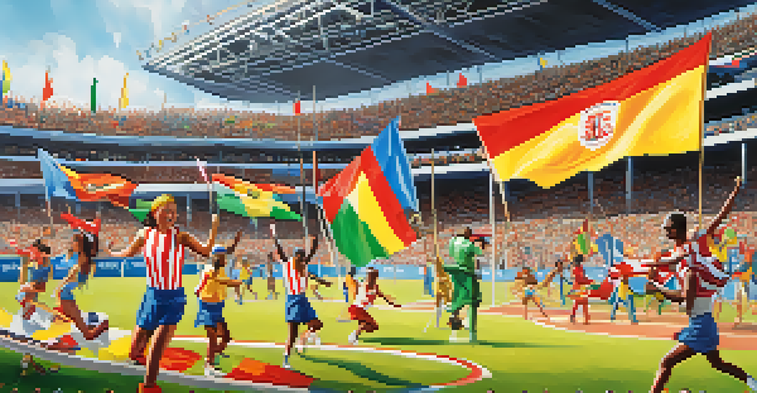 A sports event filled with enthusiastic fans cheering, players in action, and performers dancing in the background.