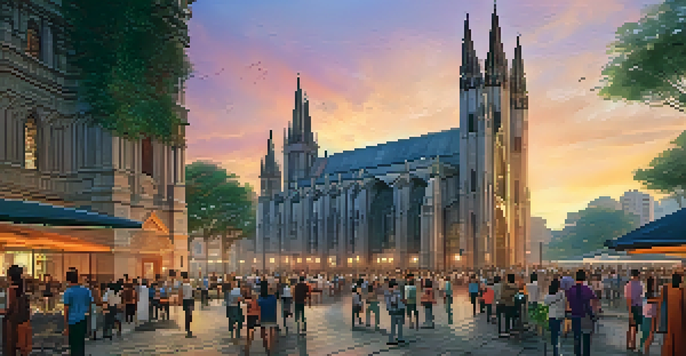 An exterior view of the São Paulo Cathedral at sunset, highlighting its neo-Gothic architecture and vibrant sky.