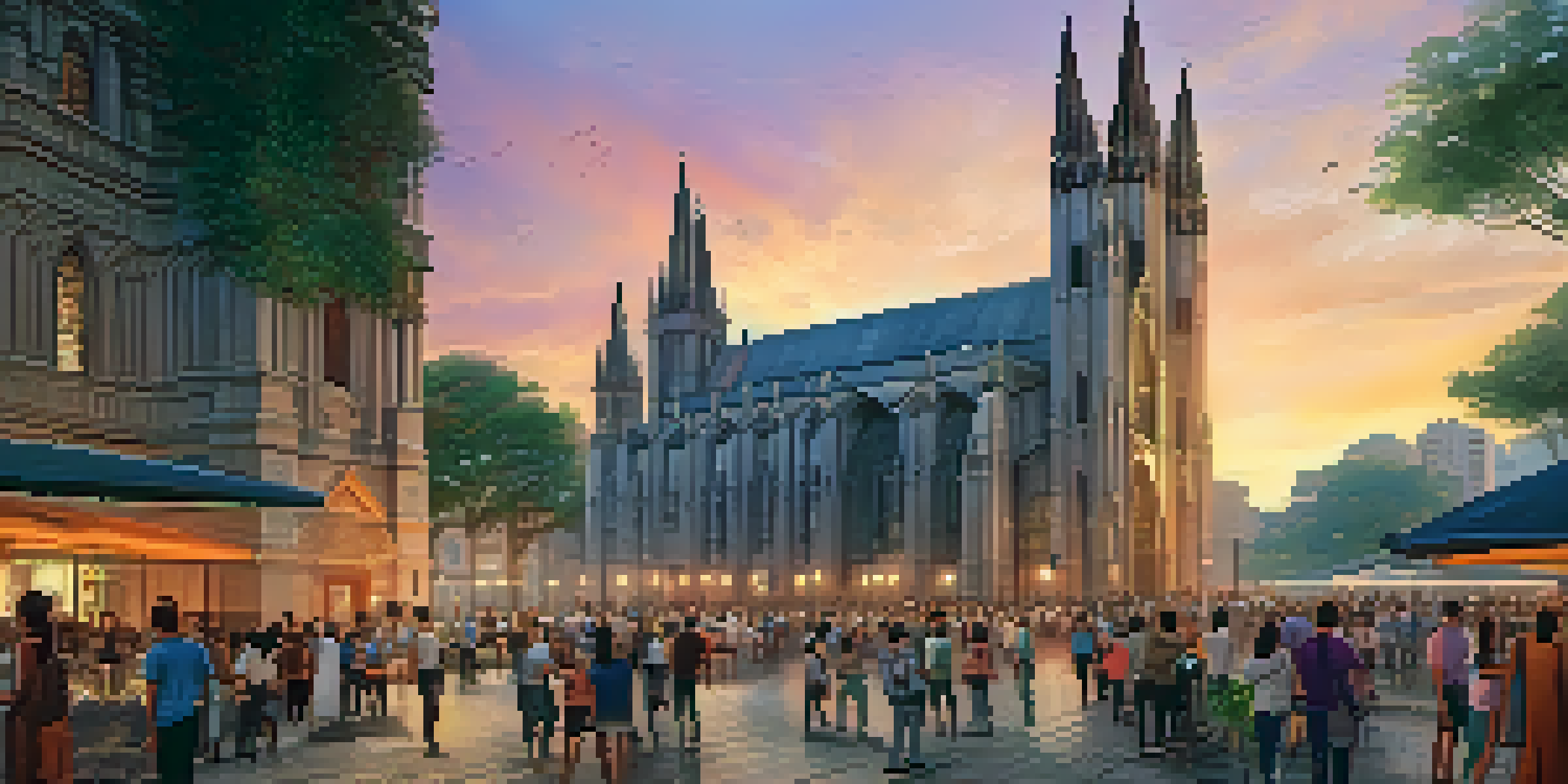 An exterior view of the São Paulo Cathedral at sunset, highlighting its neo-Gothic architecture and vibrant sky.