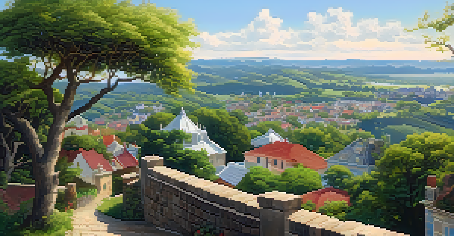 A panoramic view of a colonial town from a hilltop, with green hills and colorful rooftops under a blue sky.