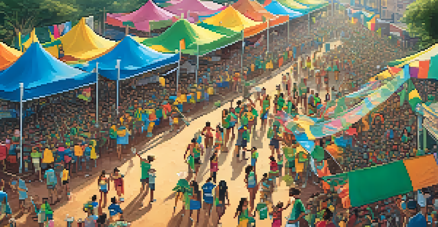 An aerial view of a Brazilian festival showing recycling bins, attendees recycling, and colorful banners.