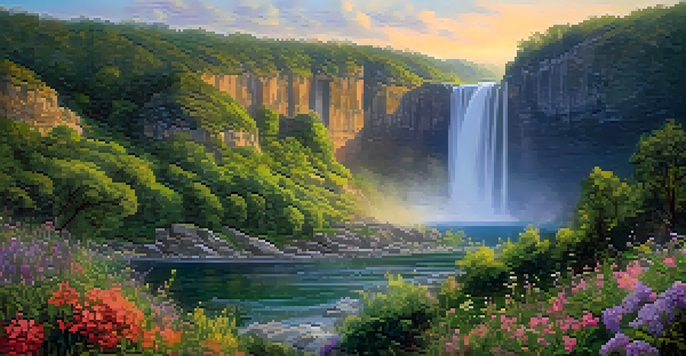 A stunning waterfall surrounded by greenery and flowers, illuminated by sunset light.