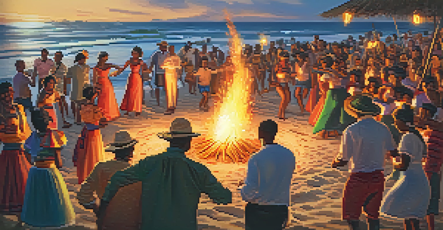 A festive beach celebration during Dia de São João with bonfires, traditional foods, and people dancing around the fire.
