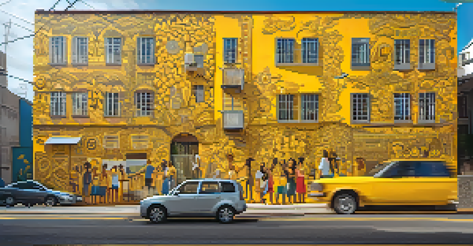 A colorful street mural featuring whimsical yellow-skinned characters in São Paulo, showcasing intricate patterns and urban scenery.