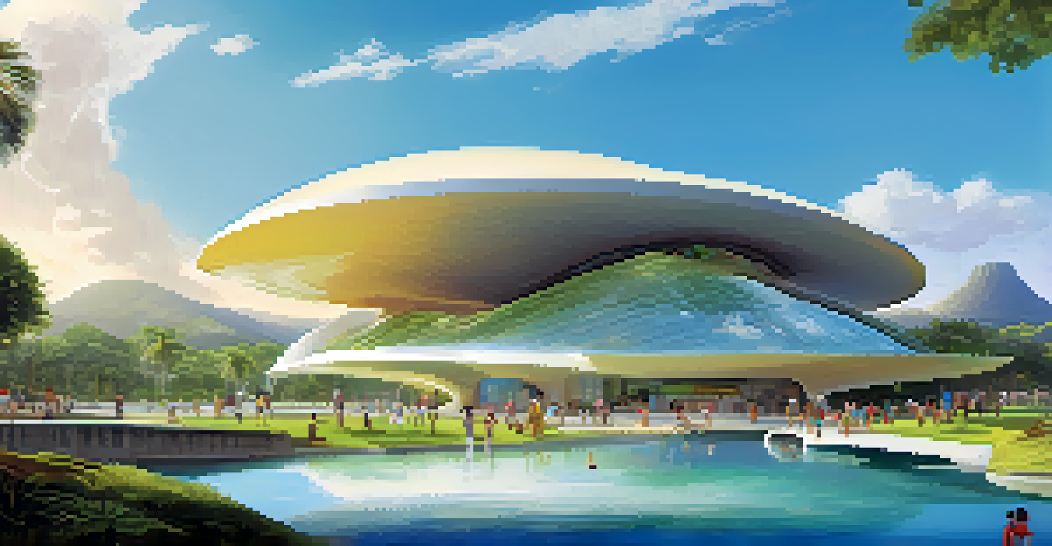 The futuristic architecture of the Museum of Tomorrow in Rio de Janeiro with families exploring the outdoor area.