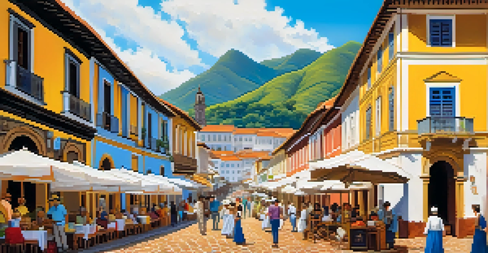 A bustling street in Ouro Preto featuring colonial buildings, market stalls, and people in historical clothing.