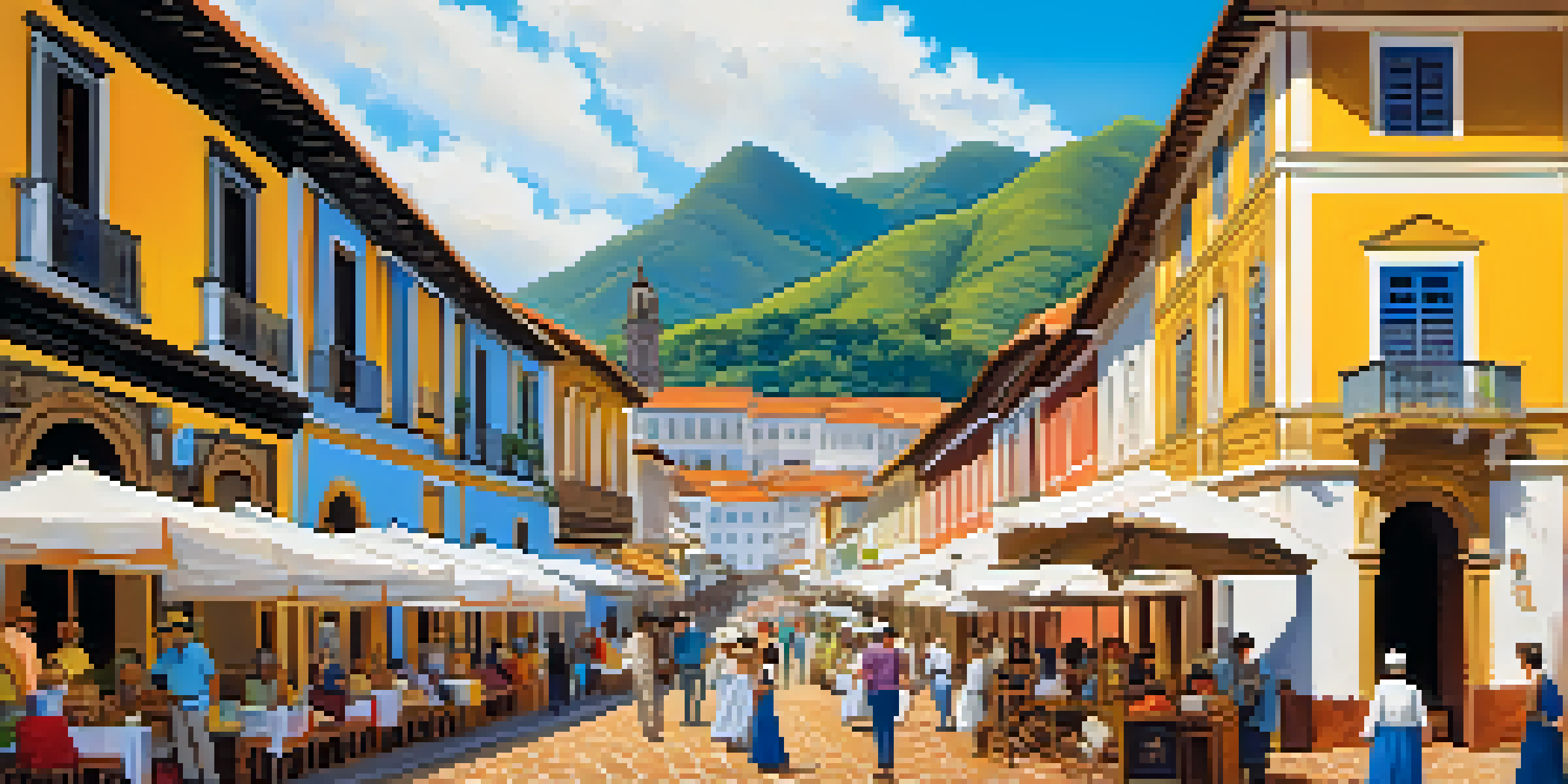 A bustling street in Ouro Preto featuring colonial buildings, market stalls, and people in historical clothing.
