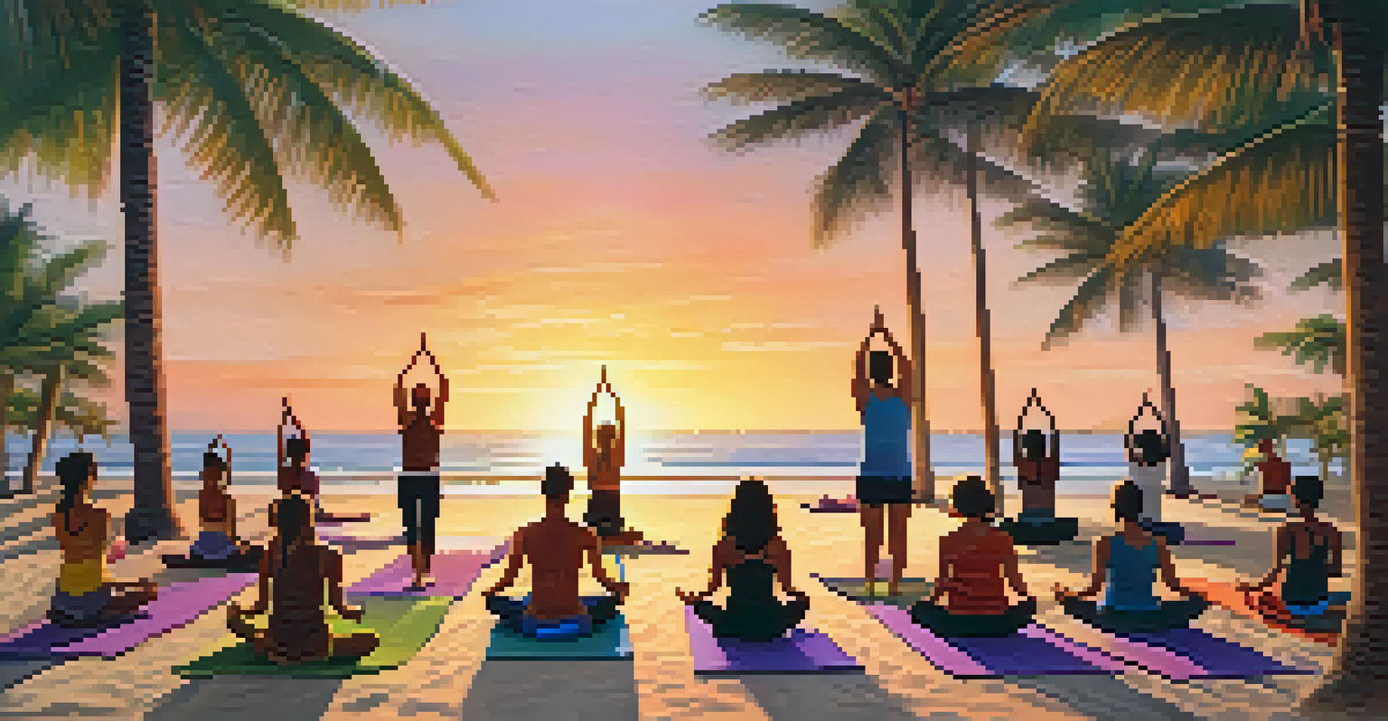 A group of people practicing yoga on the beach during sunset, surrounded by palm trees.