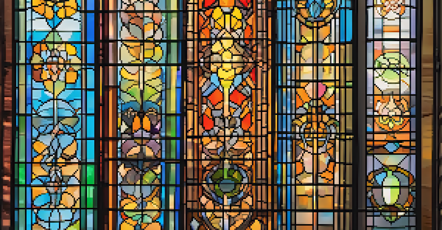 A close-up view of intricate stained glass windows in the Municipal Market of São Paulo, showcasing vibrant colors and patterns.