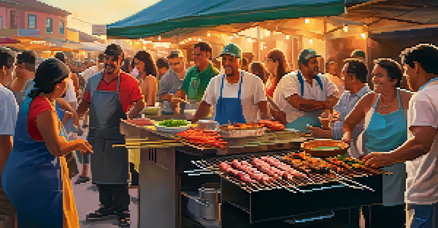 A street vendor grilling churrasco with a crowd enjoying the food at sunset.