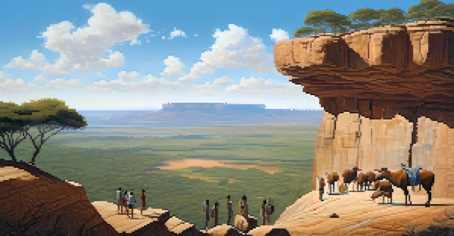 Visitors and an Indigenous guide admire ancient rock paintings in Serra da Capivara National Park against a clear sky.