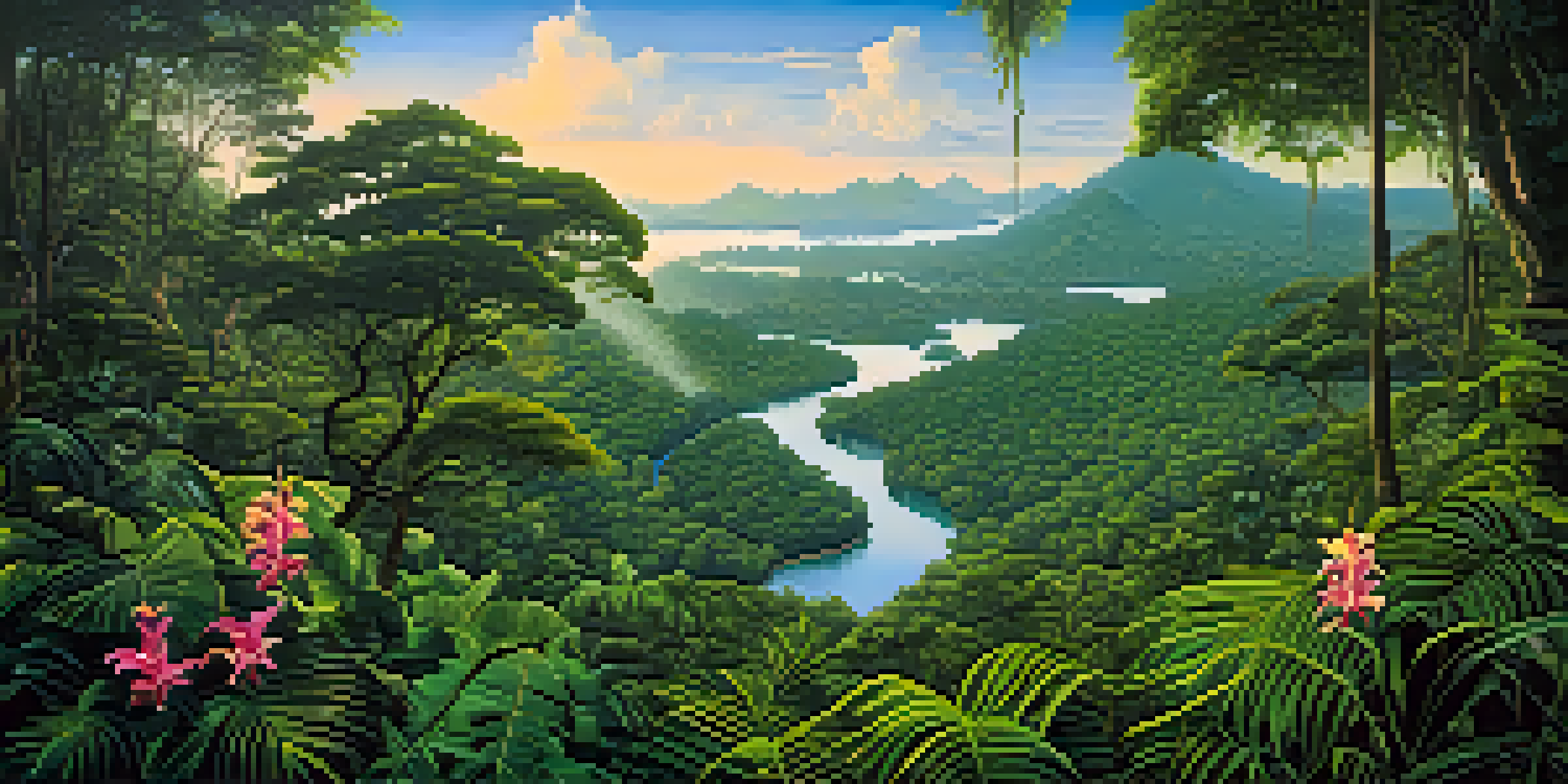 A panoramic view of the Amazon Rainforest featuring various shades of green, colorful flowers, and a jaguar in the foreground, with sunlight filtering through the trees.