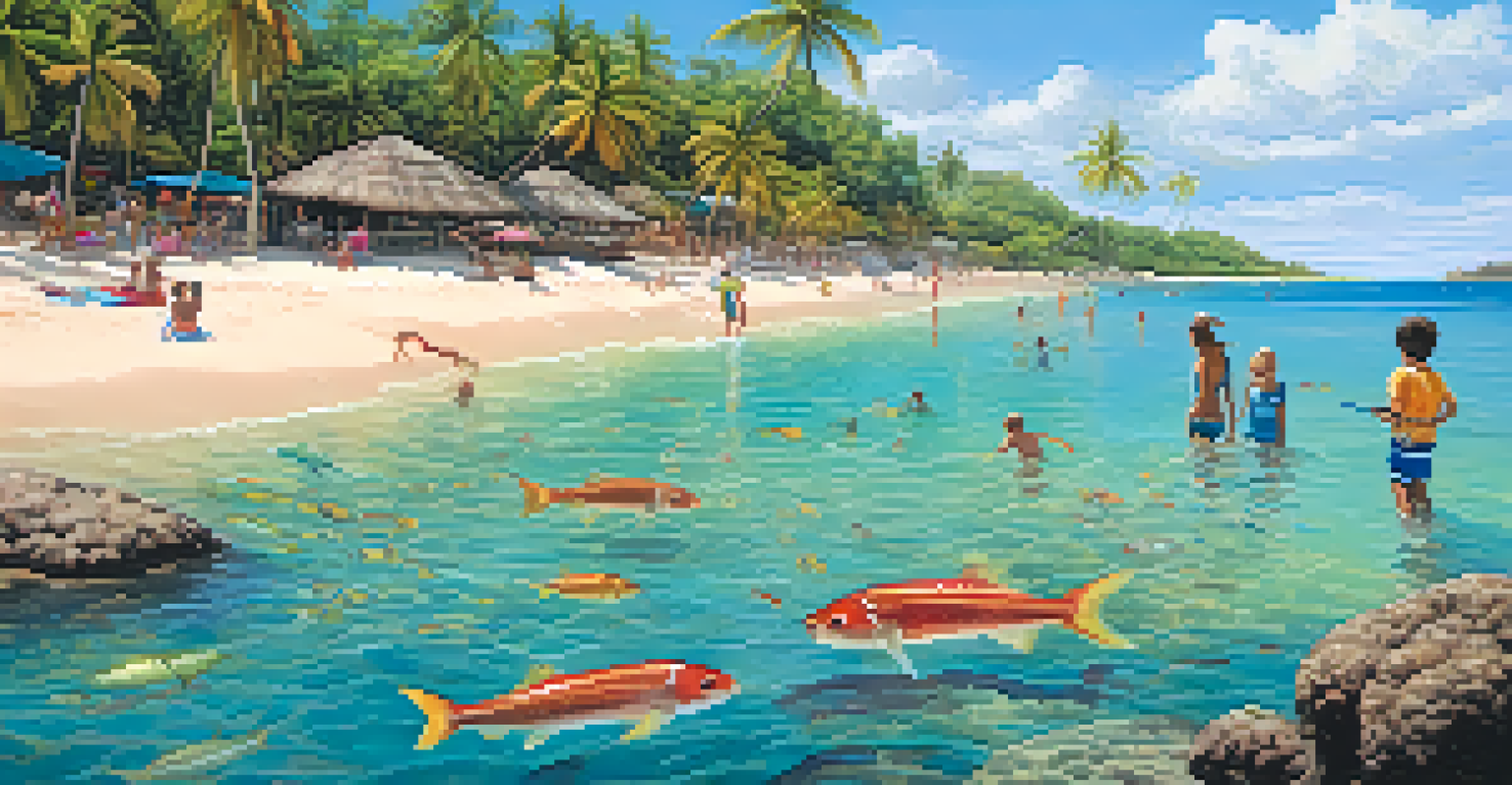 A family snorkeling at Praia do Forte, with children in shallow waters surrounded by colorful fish, the sandy beach and palm trees in the background.