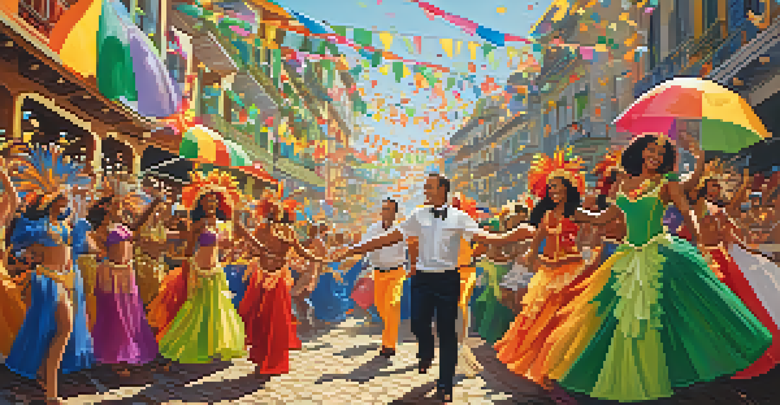 A vibrant Carnival scene in Rio de Janeiro with dancers in colorful costumes and festive decorations.