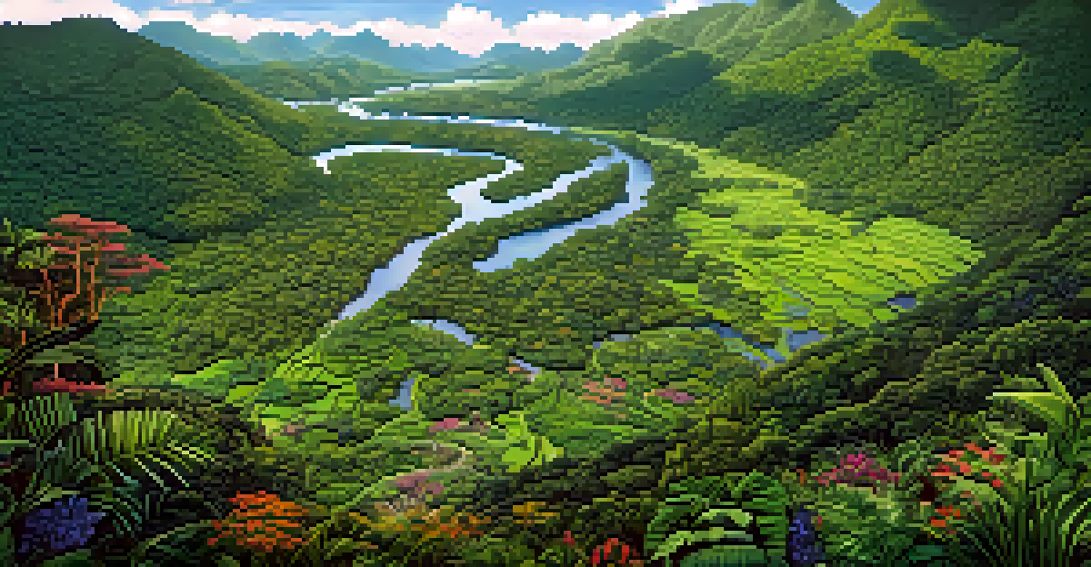 An aerial view of a restored Atlantic Forest with diverse ecosystems and indigenous people practicing sustainable methods.