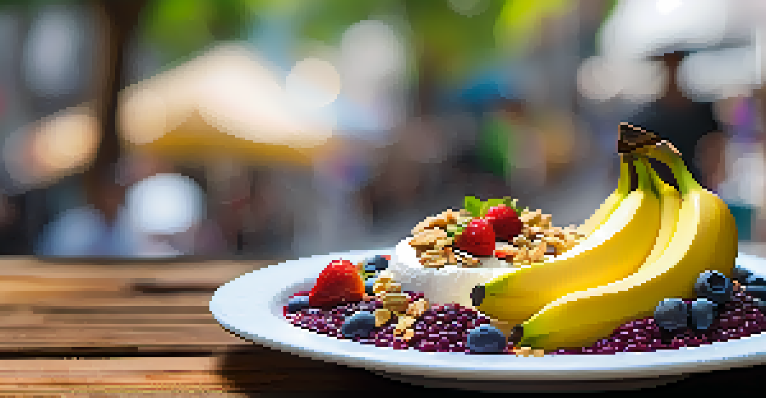 A close-up of a colorful 'açaí na tigela' bowl topped with fruits and granola, placed on a rustic wooden table with a blurred street food scene in the background.