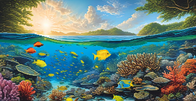 A vibrant underwater coral reef in Brazil, filled with colorful fish and corals, with a lush mangrove coastline above.