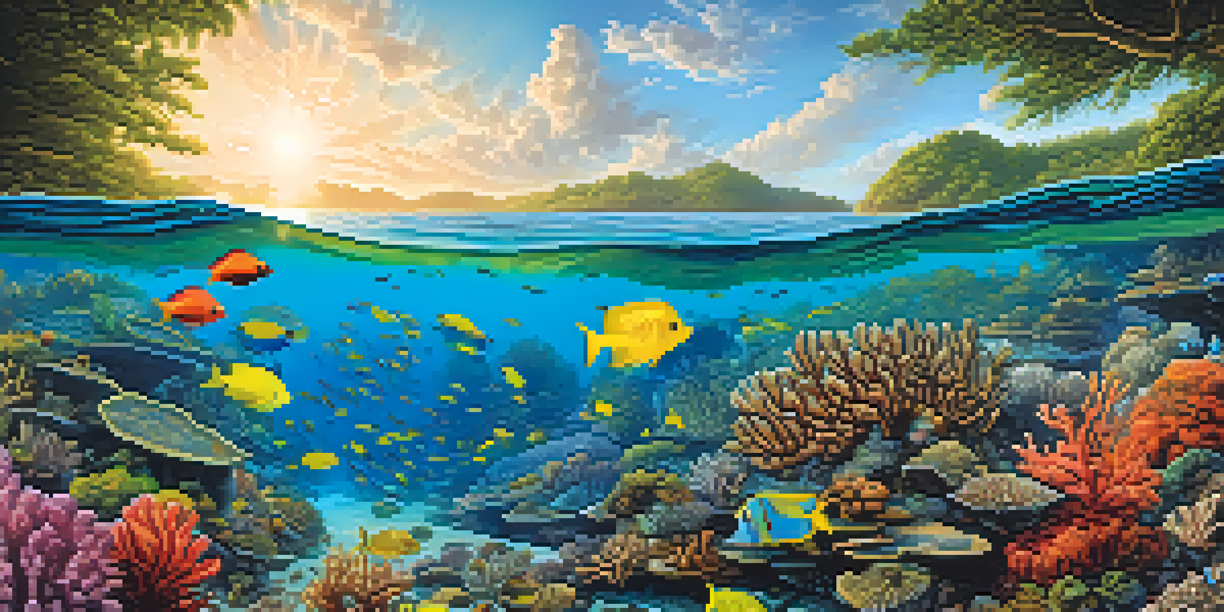A vibrant underwater coral reef in Brazil, filled with colorful fish and corals, with a lush mangrove coastline above.