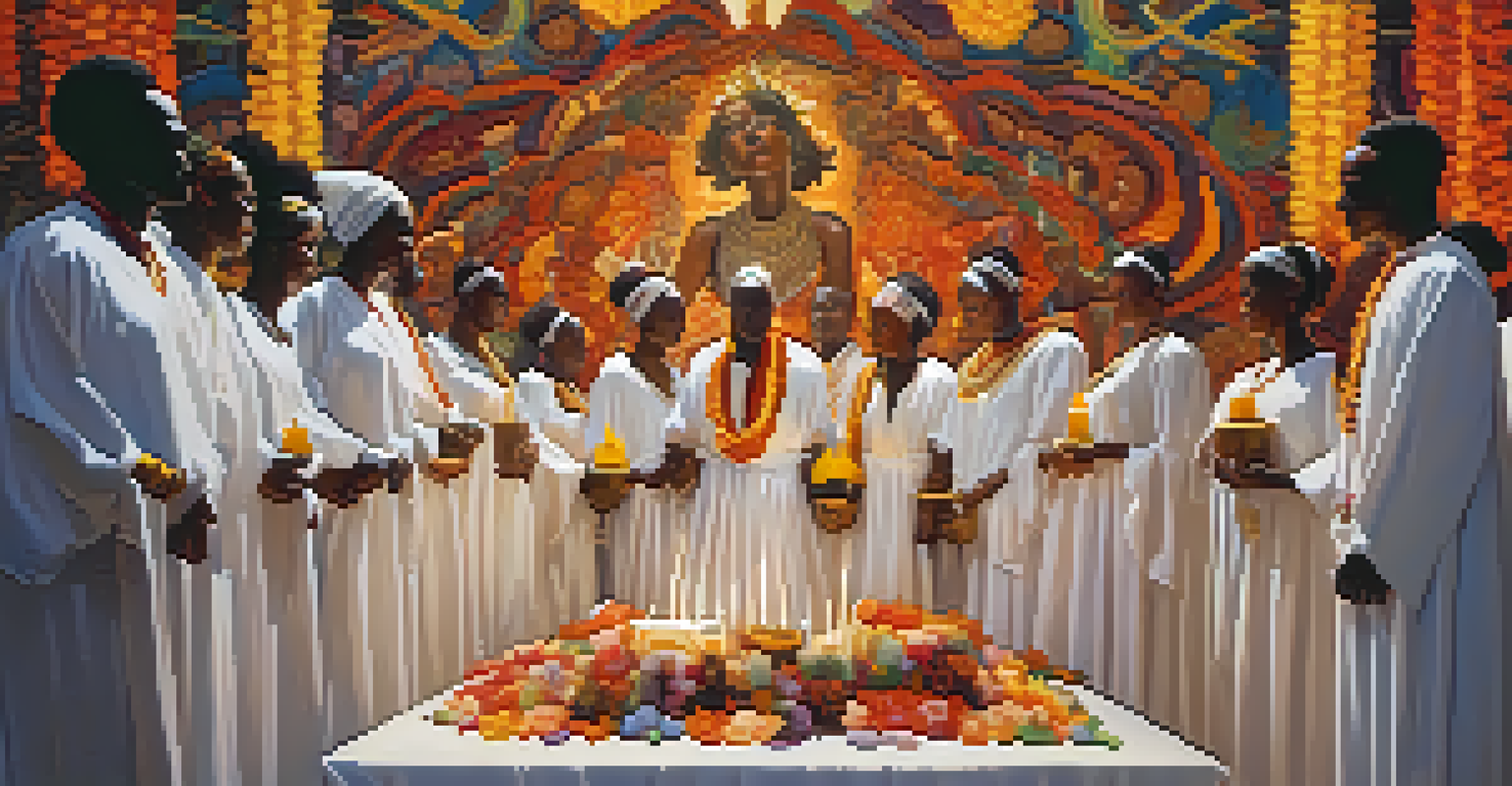 A traditional Afro-Brazilian candomblé ceremony with worshippers in white garments surrounded by candles and vibrant offerings.