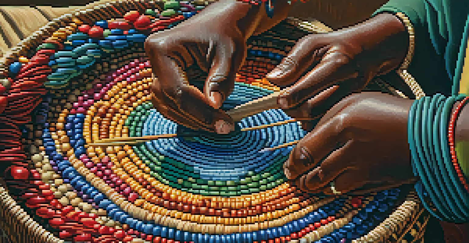 Close-up of hands weaving a traditional basket with colorful beads and natural materials, showcasing intricate craftsmanship and textures.