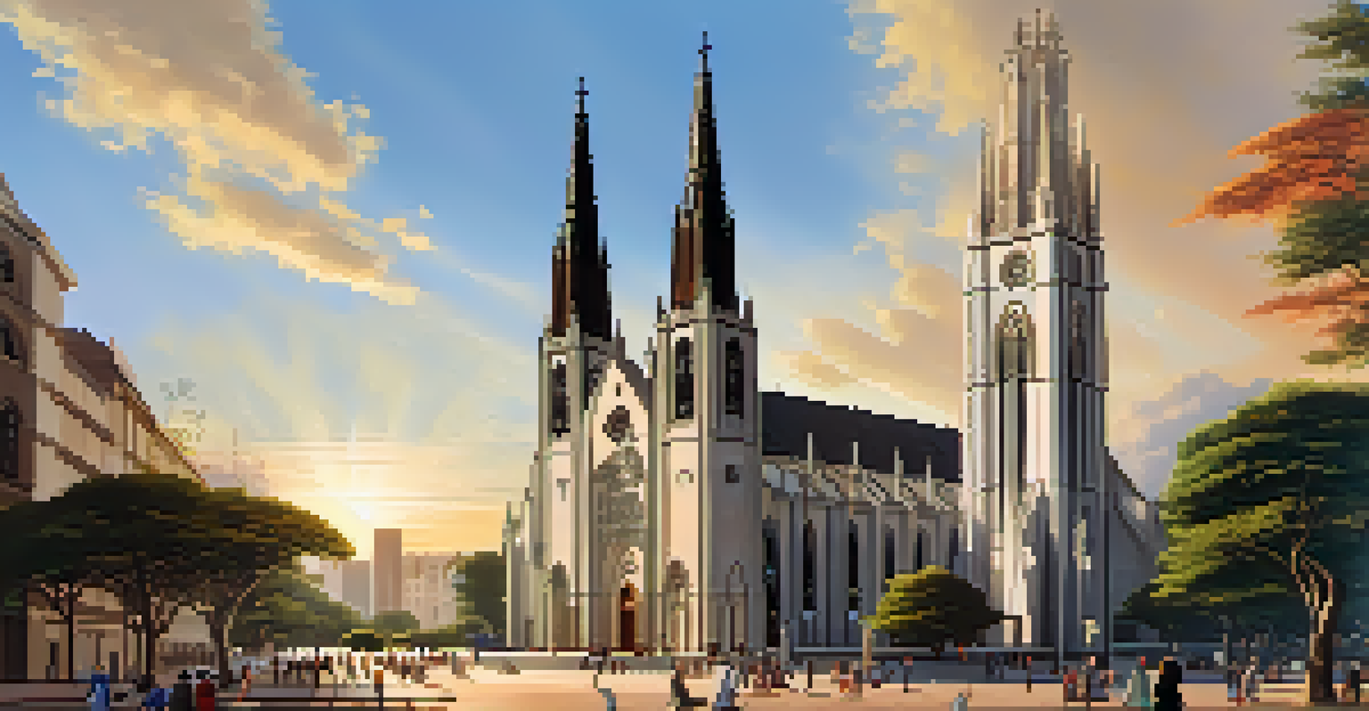 The Metropolitan Cathedral of São Paulo showcasing its Gothic architecture and stained glass windows during golden hour.
