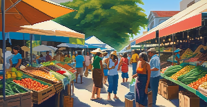 A lively outdoor market in Brazil filled with colorful stalls of organic produce and handmade crafts, with people shopping and interacting with vendors under a clear blue sky.