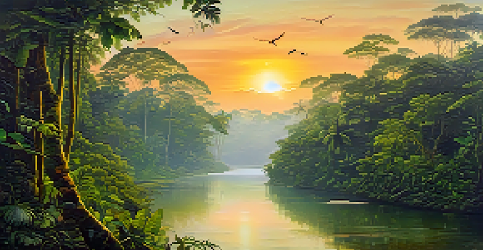 A beautiful sunrise over the Amazon rainforest with mist and a river, filled with vibrant green trees and flying birds.