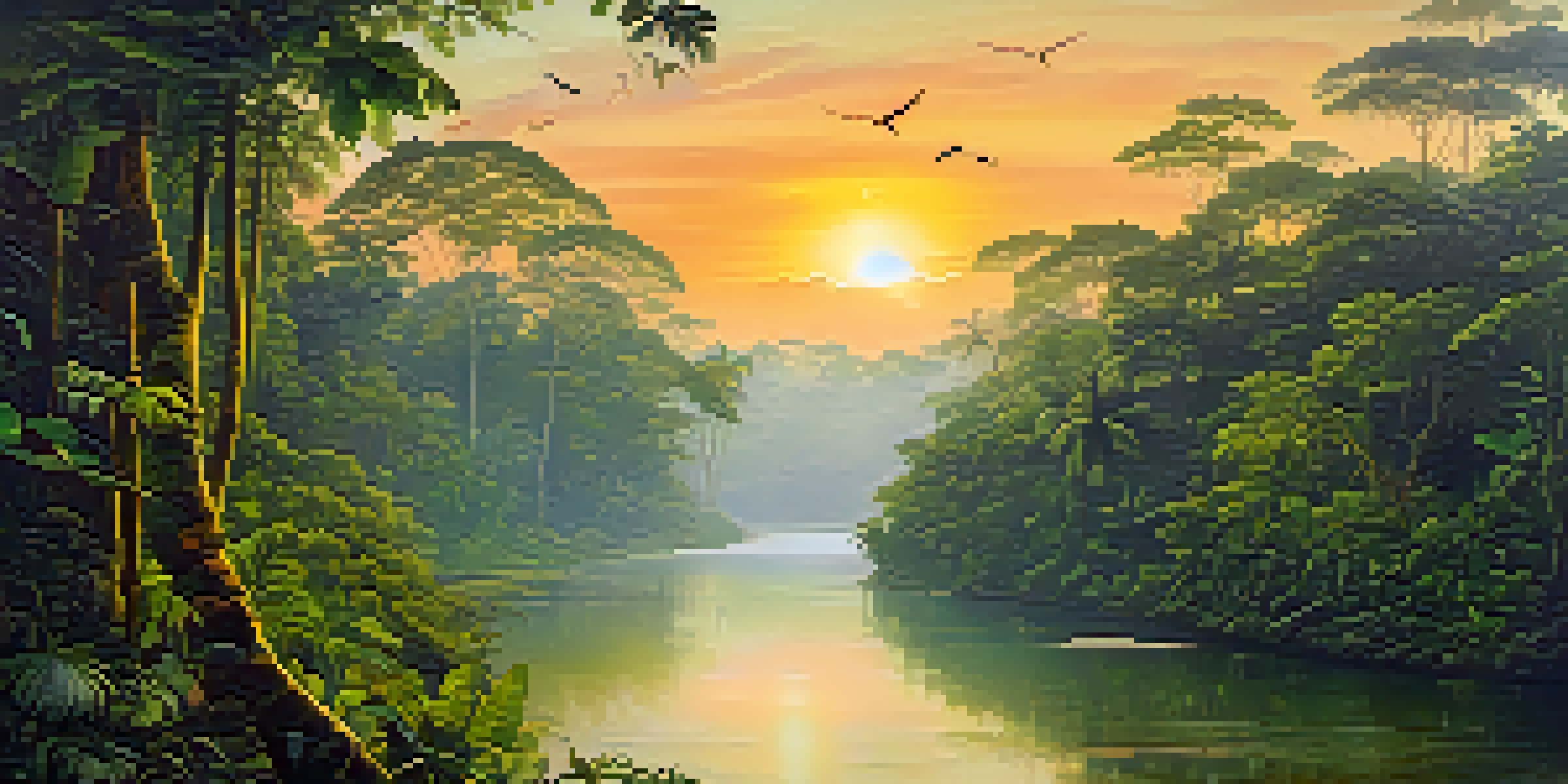 A beautiful sunrise over the Amazon rainforest with mist and a river, filled with vibrant green trees and flying birds.