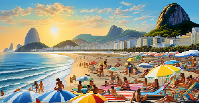 A lively beach scene at Copacabana with people sunbathing, children playing, and surfers, under a bright blue sky with Sugarloaf Mountain in the background.