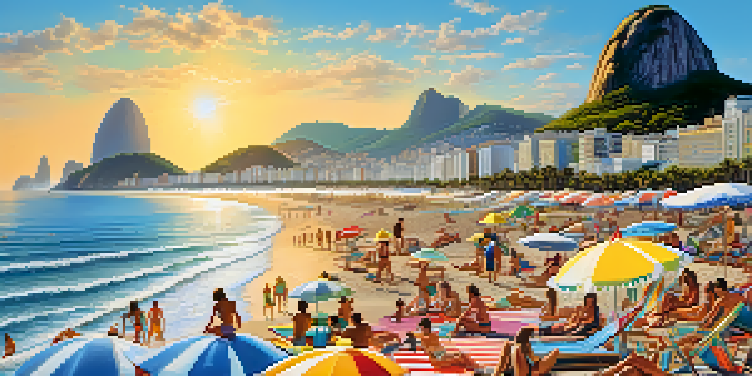 A lively beach scene at Copacabana with people sunbathing, children playing, and surfers, under a bright blue sky with Sugarloaf Mountain in the background.