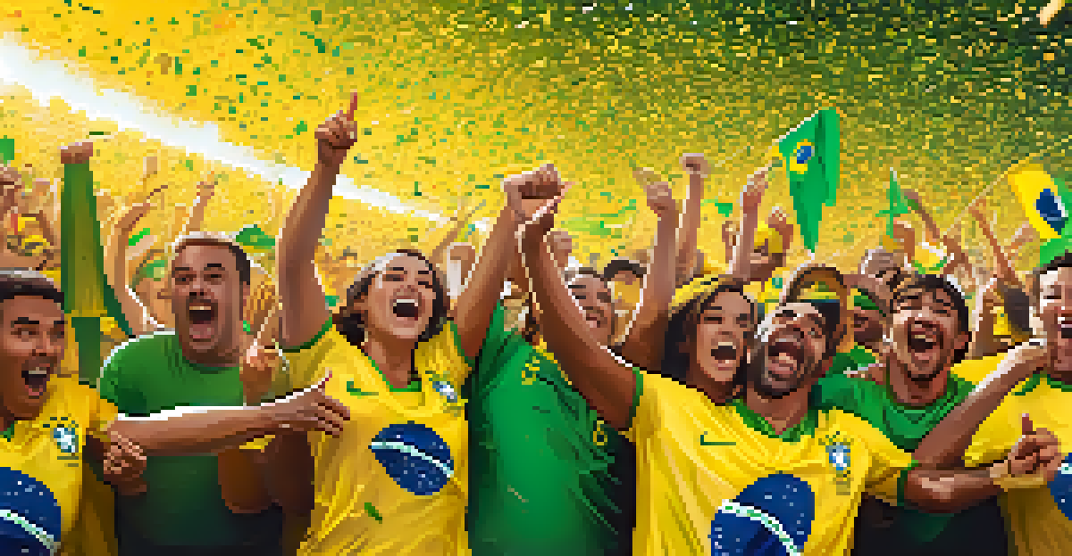 Brazilian fans celebrating during a World Cup match, dressed in national colors with painted faces.