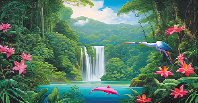 A vibrant Amazon Rainforest scene with a flowing river, tall trees, colorful flowers, and exotic birds, illuminated by sunlight.
