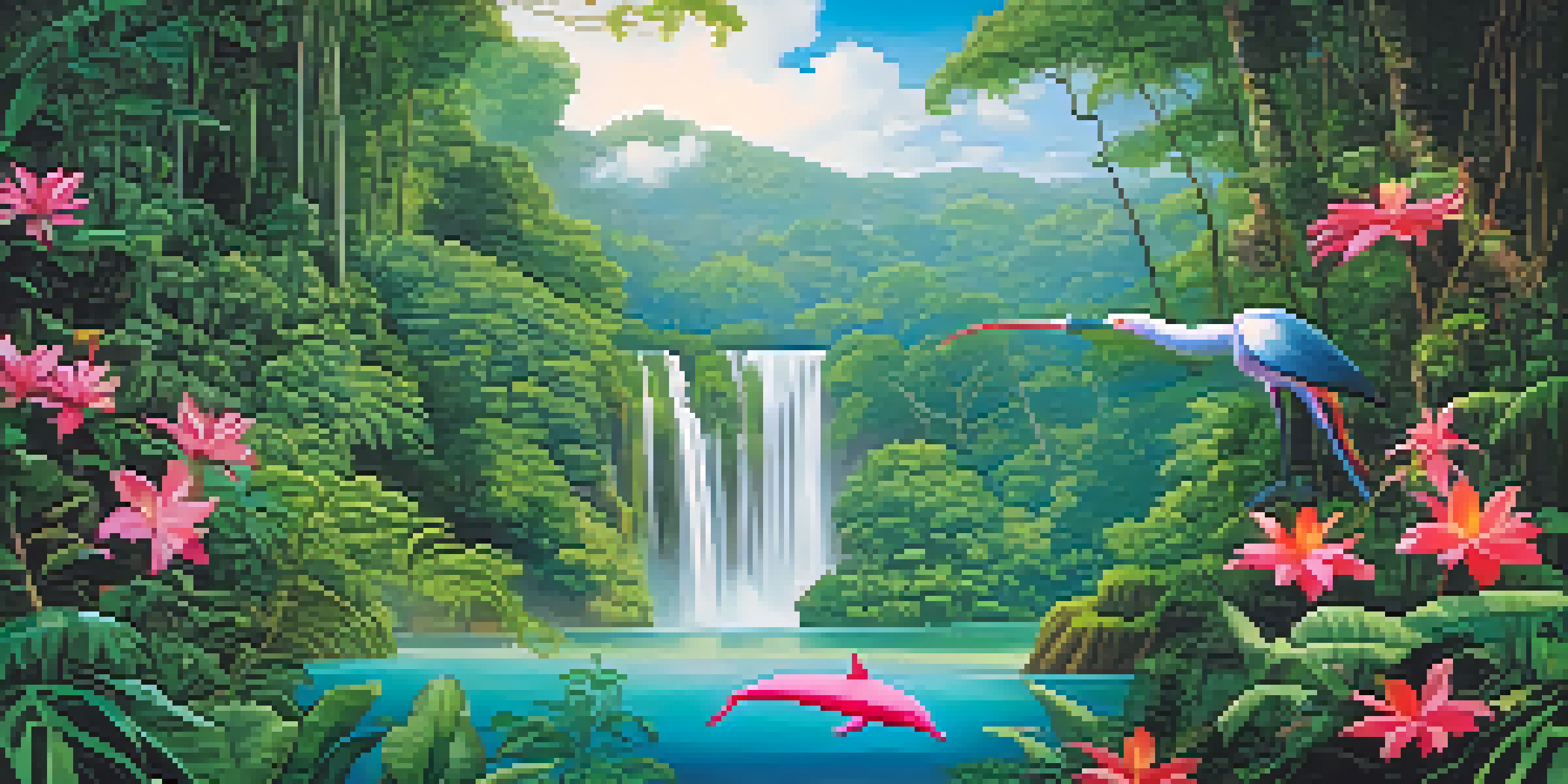 A vibrant Amazon Rainforest scene with a flowing river, tall trees, colorful flowers, and exotic birds, illuminated by sunlight.